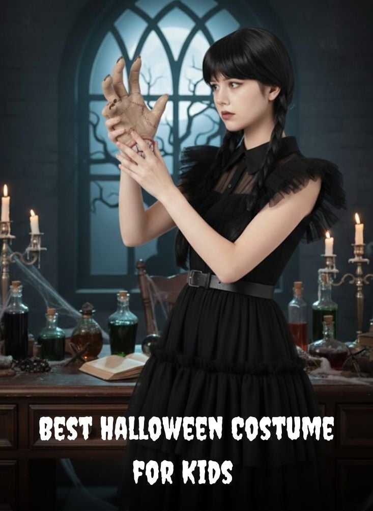 بريميم زي تنكري مستوحى من شخصية وينزداي آدامز، فستان أسود مع شعر مستعار مضفر ويد صناعية - زي تنكري قوطي للفتيات - Image 2